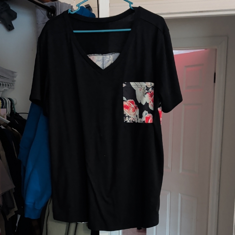 Elegant Black V-Neck Men's Tee with Floral Accent